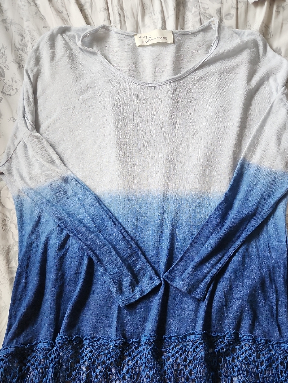 Vintage Havana Light Blue to Dark Blue Ombre 3/4 length-Sleeve Top